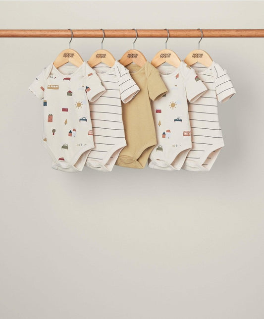 Set of 5 short-sleeve bodysuits, assorted colors with prints and stripes