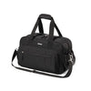 Black travel bag with top handles, front zip pockets, and shoulder strap.