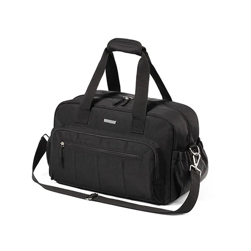 Black travel bag with top handles, front zip pockets, and shoulder strap.