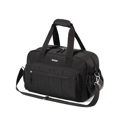 Black travel bag with top handles, front zip pockets, and shoulder strap.