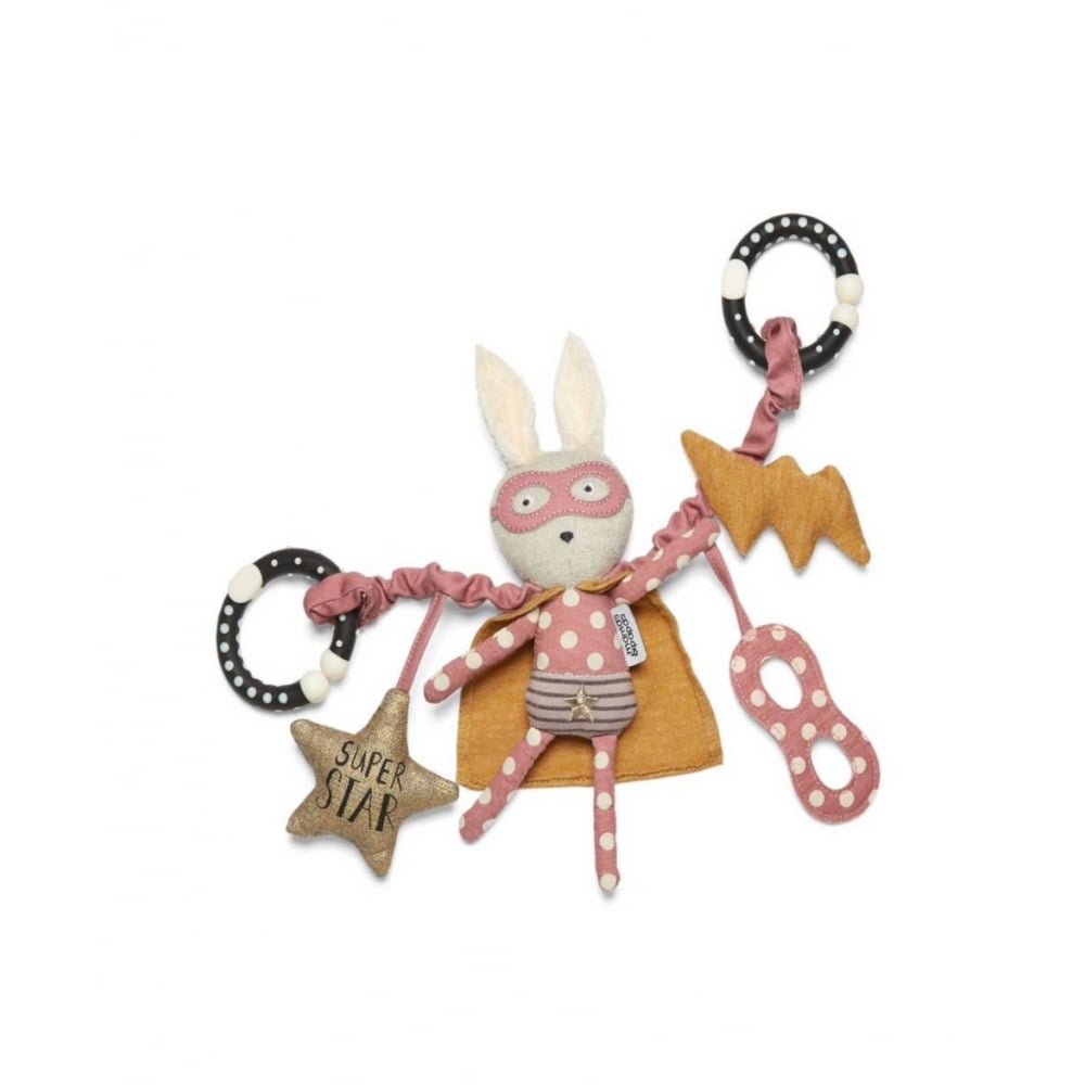 Superhero travel charm with rabbit figure, star and polka-dot details, hanging