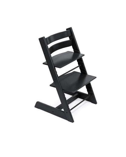 High chair in black wood with two-tier seat and arched backrest