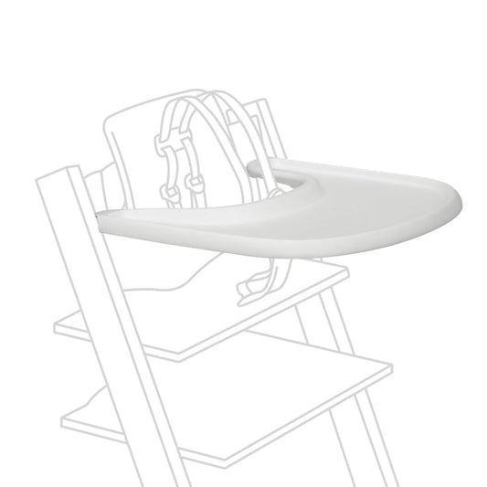 White plastic high chair tray with rounded front lip and raised sides