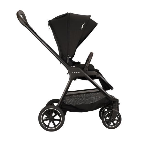 Black stroller with extended canopy and cushioned seat, front wheel and armrest visible