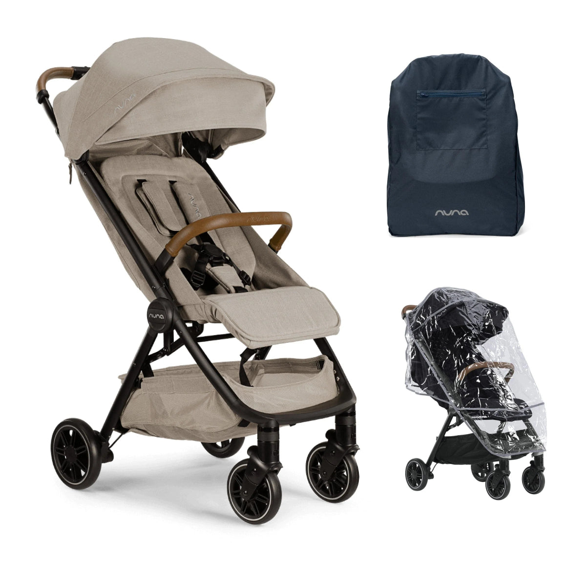 Hazelwood TRVL compact stroller with canopy and seat, plus navy storage bag