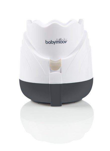 babymoov cream bottle steam warmer with dark base and heart-shaped cover