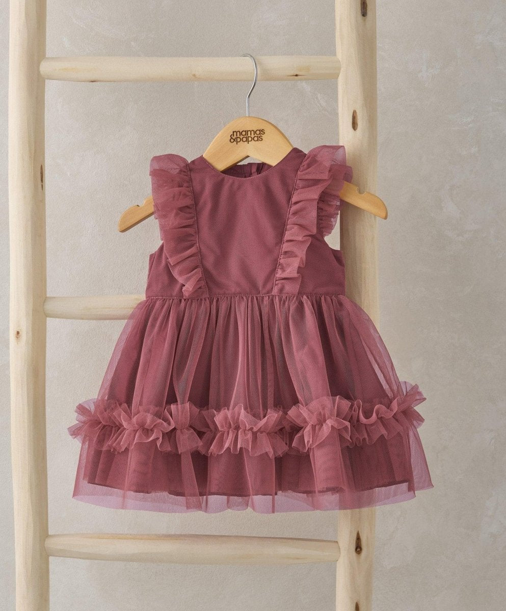 Dusty rose tulle frill dress with puff sleeves and layered ruffled skirt
