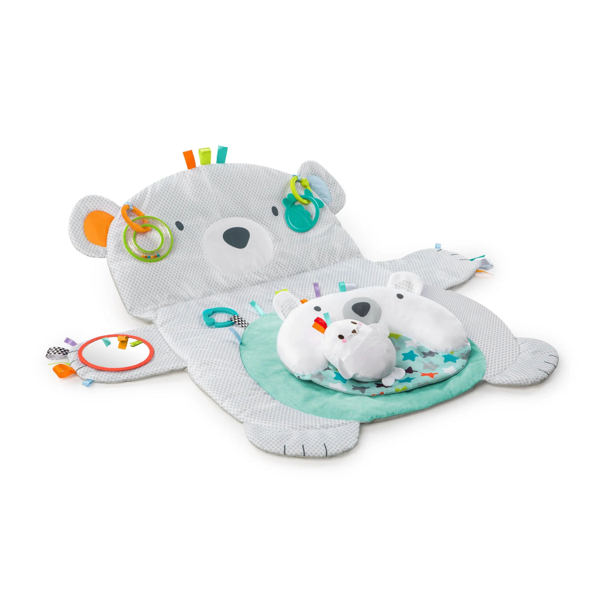 Baby activity mat with polar bear face, hanging rings, and teal play panel
