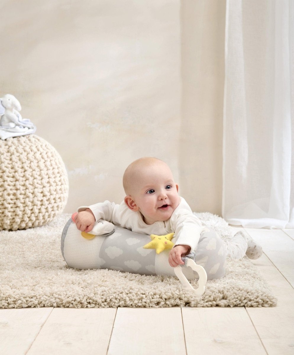 Tummy time roll with cloud print and yellow star, gray base with ring handle