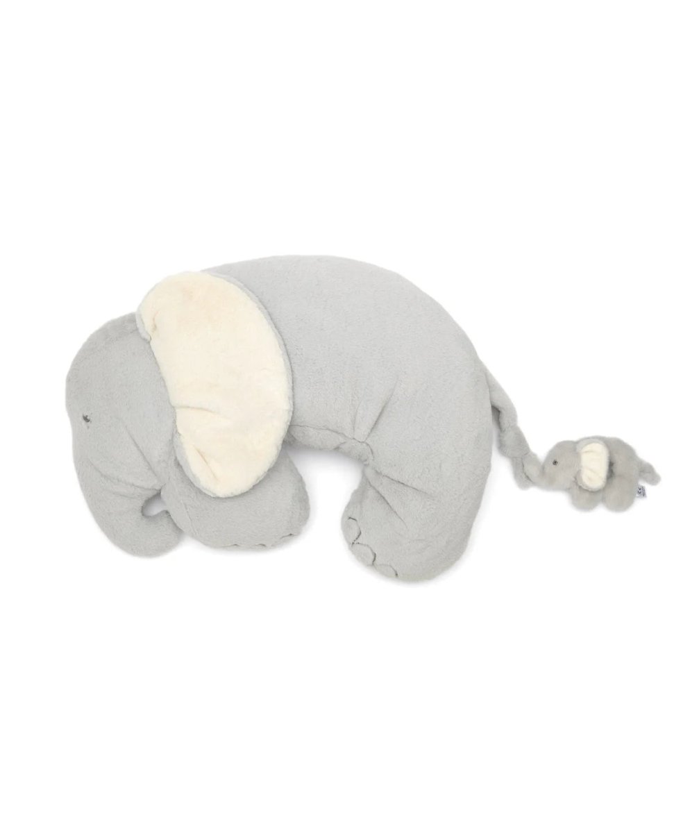 Elephant plush tummy time rug, light gray body with cream ears and fabric foot support