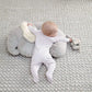Elephant plush tummy time rug, light gray with cream ears and baby in striped romper