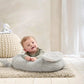 Elephant plush tummy time rug in light gray with cream ears, baby propped on top
