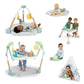 6-in-1 baby play center shown in multiple positions, including tummy time and standing