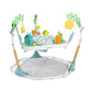 Baby 6-in-1 milestone play center with turquoise seat, toys, and swing legs