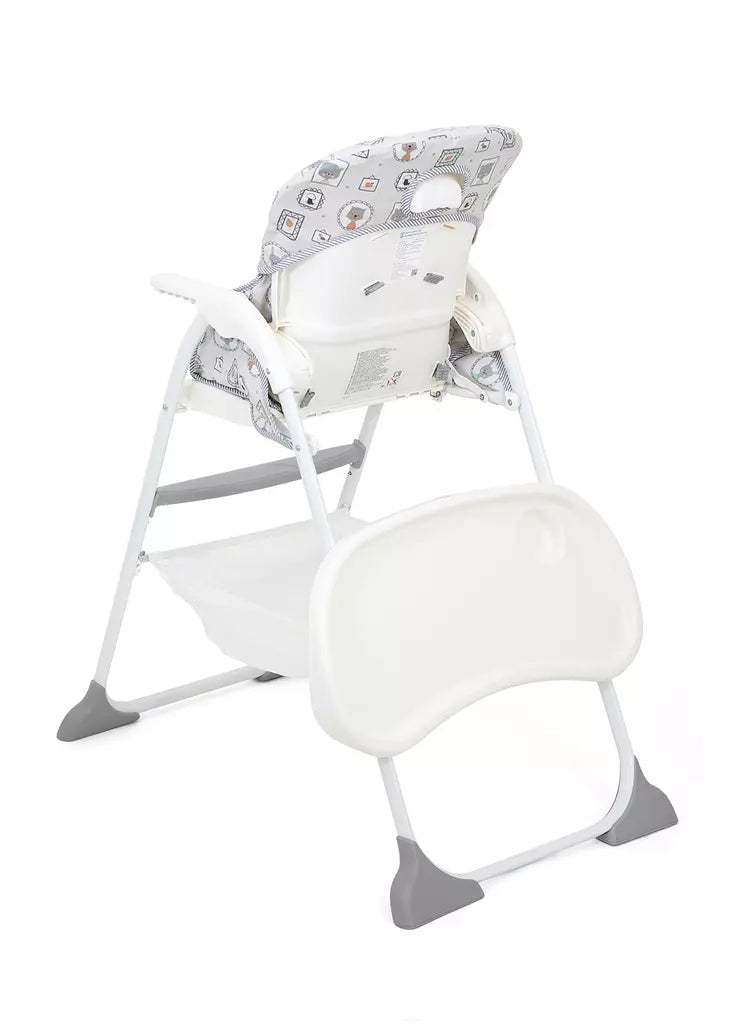 White highchair with white tray and seat shell, light gray patterned backrest.