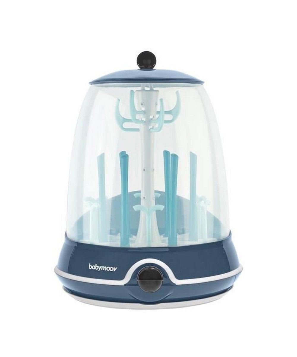 Countertop babymoov steam bottle sterilizer, blue base and clear lid