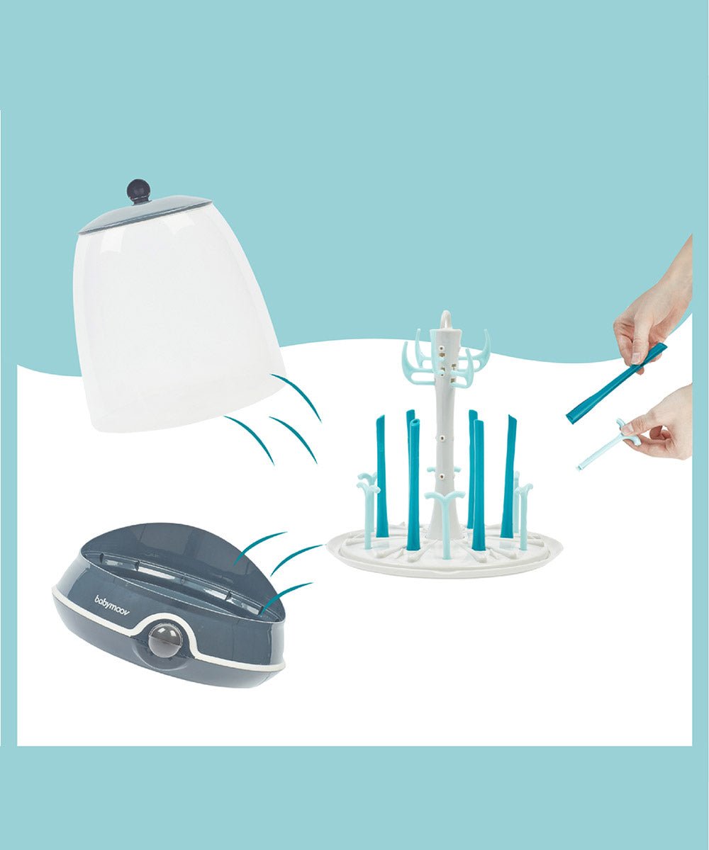 Steam sterilizer base with clear multi-bottle rack and lid, countertop appliance