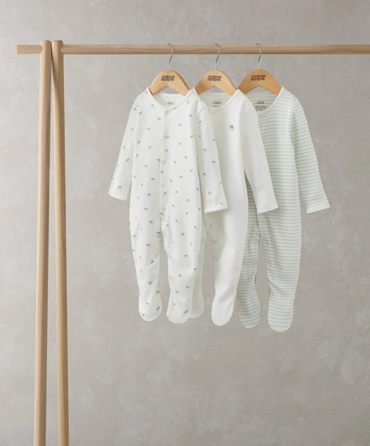 Baby sleepsuit set of 3: white printed, white solid, and light striped footed onesies