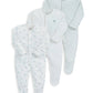 Baby sleepsuit set of 3 with footed long sleeves: turtle print, solid white, and striped