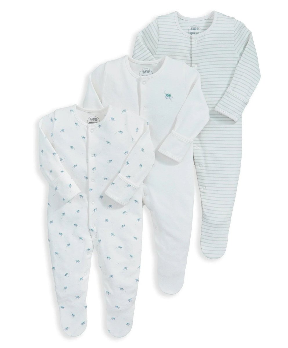 Baby sleepsuit set of 3 with footed long sleeves: turtle print, solid white, and striped