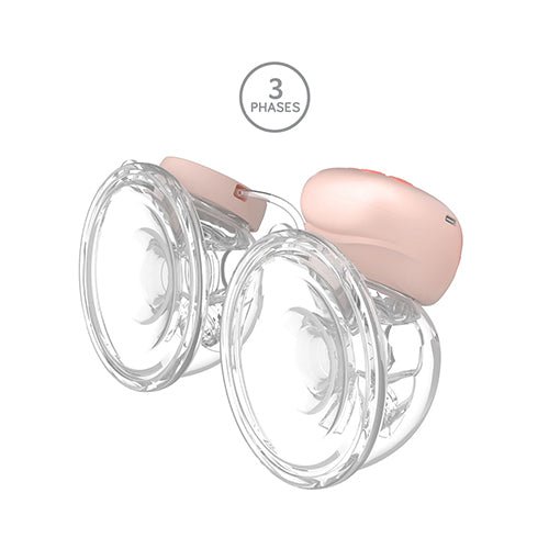 Double electronic breast pump with light pink motor and two clear silicone flanges