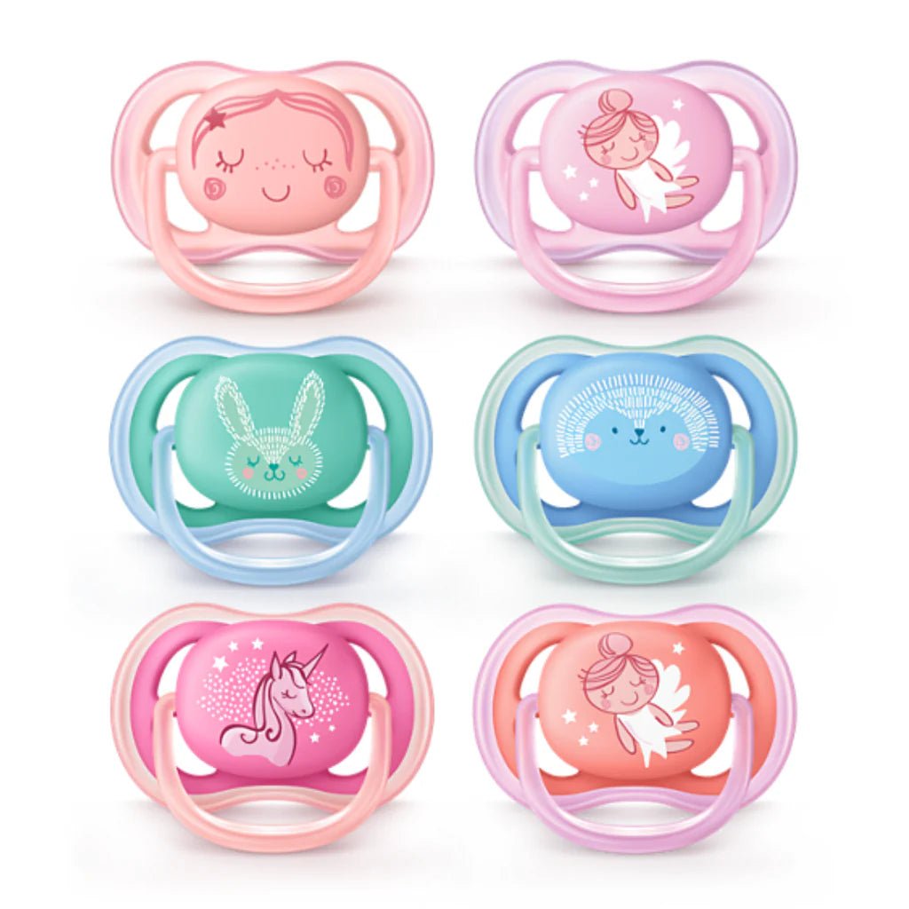 Ultra Air Design baby soothers set with pastel designs in pink, mint, and blue