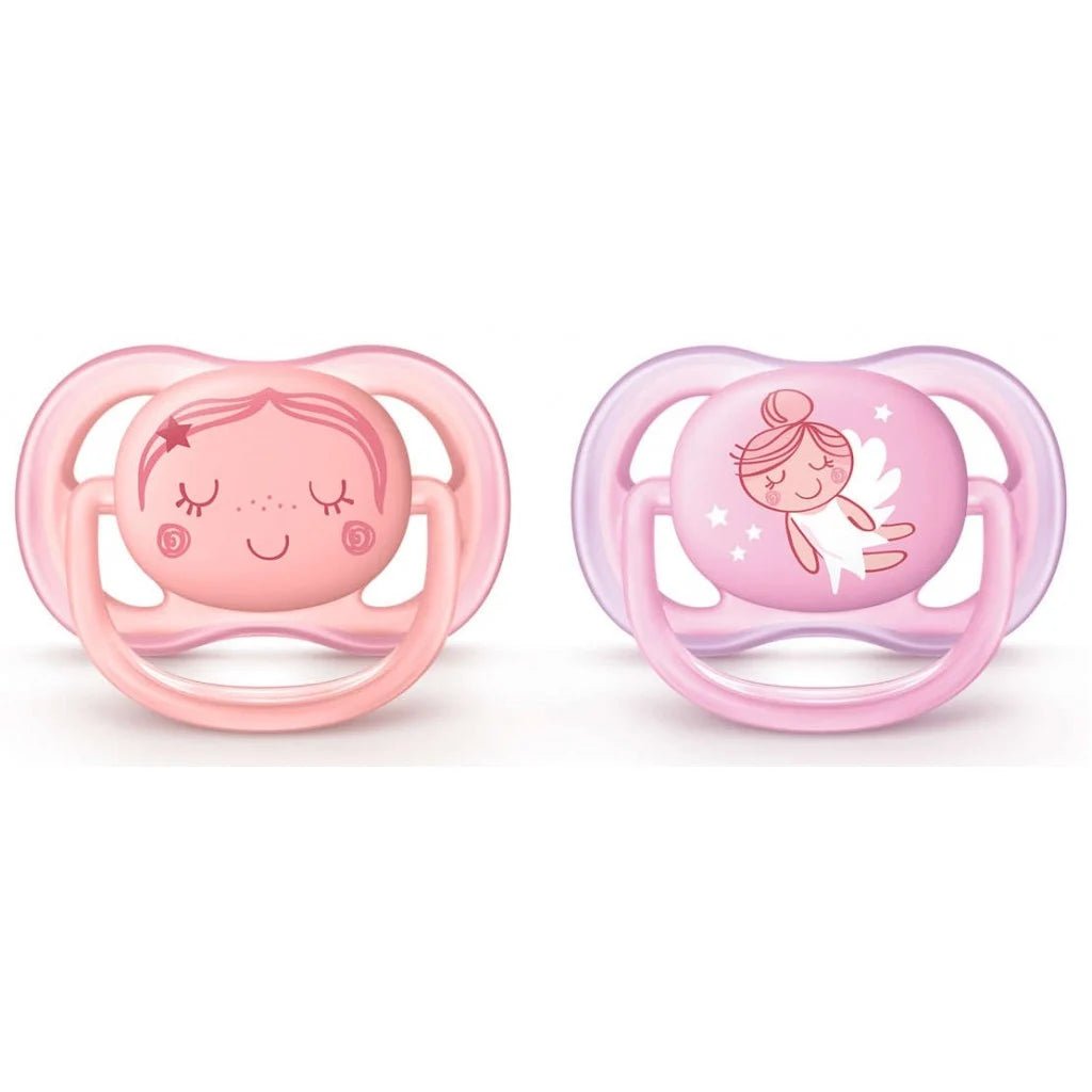 Ultra Air Design baby soothers, pink with smiling faces and baby icons