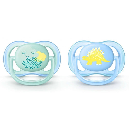 Ultra Air Design baby soothers, light blue and mint with dinosaur prints