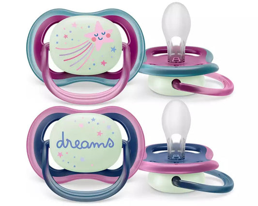 Two baby pacifiers with light bulb teats, purple/pink frames, 'dreams' panel
