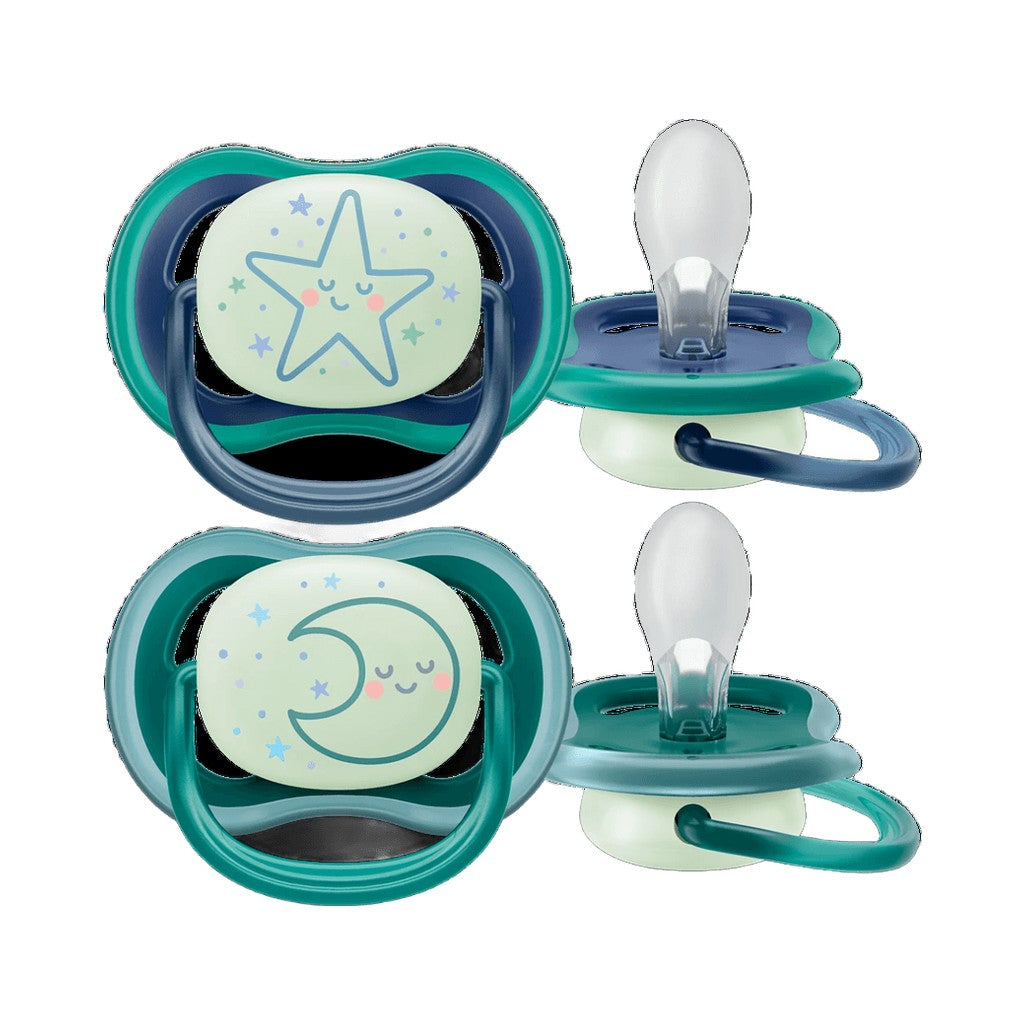 Pack of 2 night-time baby pacifiers with teal shields, moon and star faces