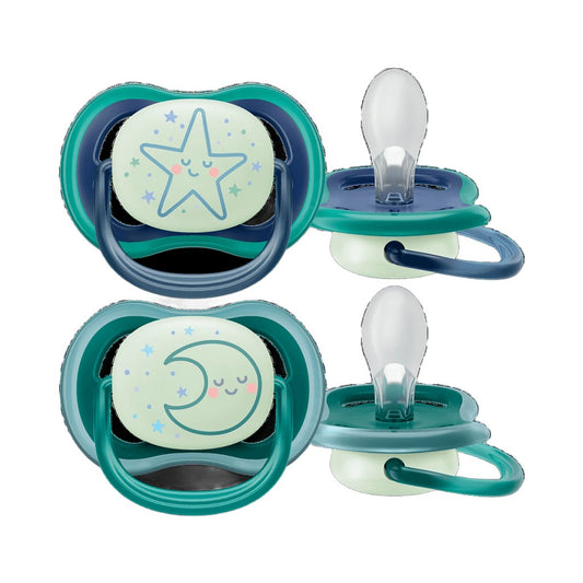 Pack of 2 night-time baby pacifiers with teal shields, moon and star faces