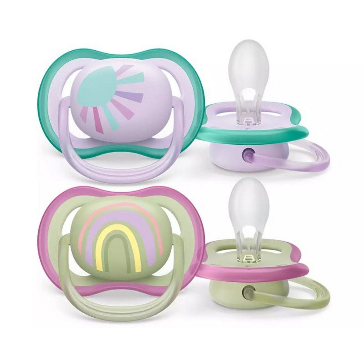 Orthodontic baby pacifiers set, mint and purple silicone, Size 1