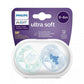Ultra soft pacifier pack 0–6m, mint and light blue pacifiers on blister pack