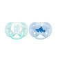 Baby pacifier set, 0–6m, mint and light blue with ‘hello BABY’ and icon