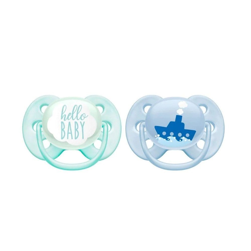Baby pacifier set, 0–6m, mint and light blue with ‘hello BABY’ and icon