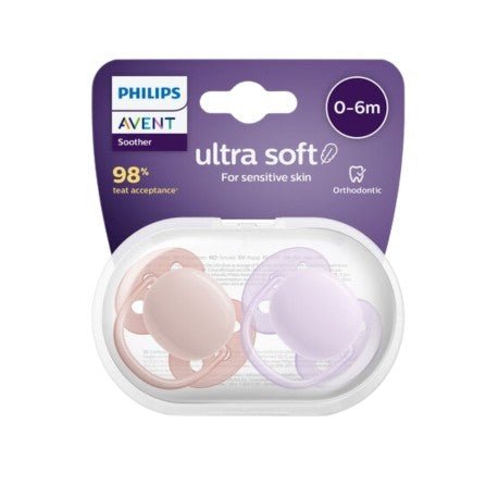 Baby pacifier set, coral and purple, orthodontic 0–6 months in blister pack