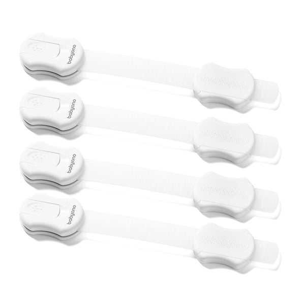 White universal furniture locks, four strap latches with rounded ends