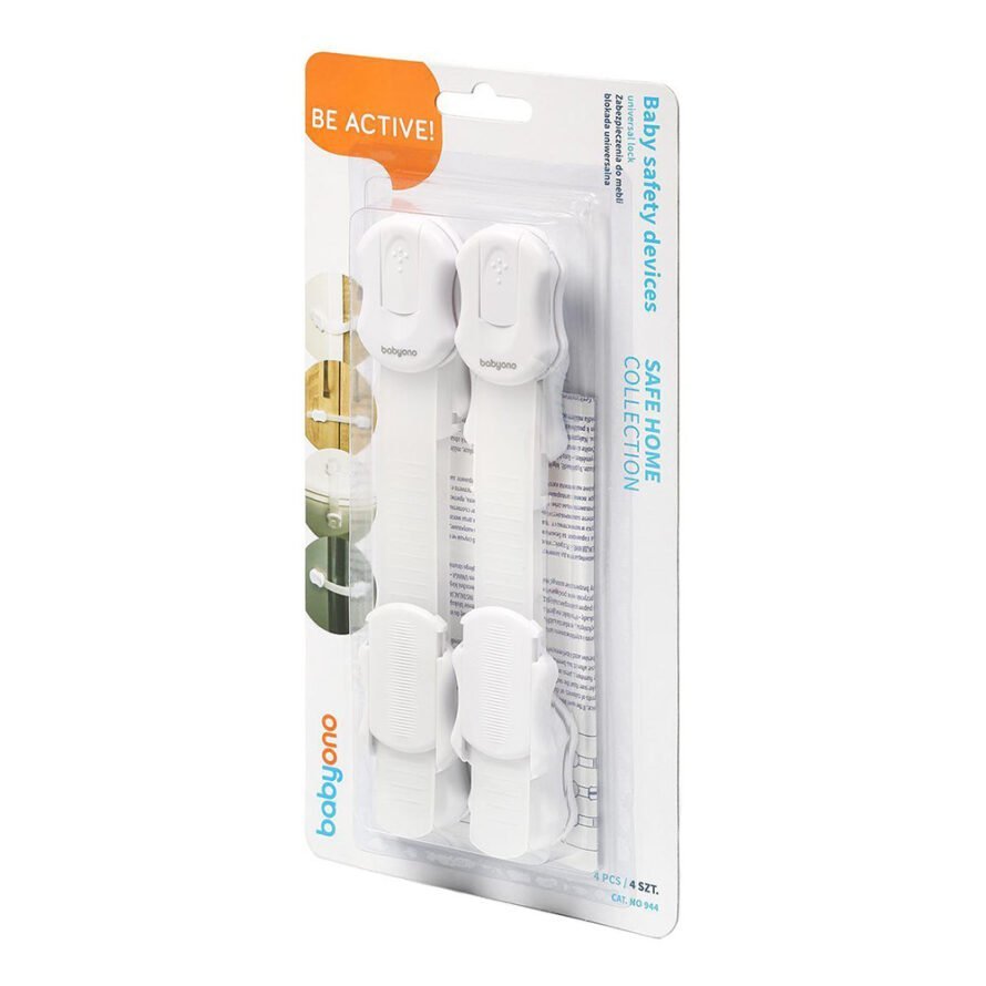 White universal furniture lock set of 4, boxed with two strap latches