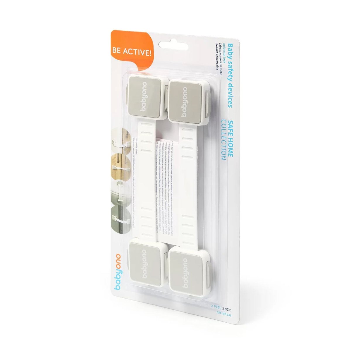 Cabinet lock set packaging showing four white latches and mounting strips