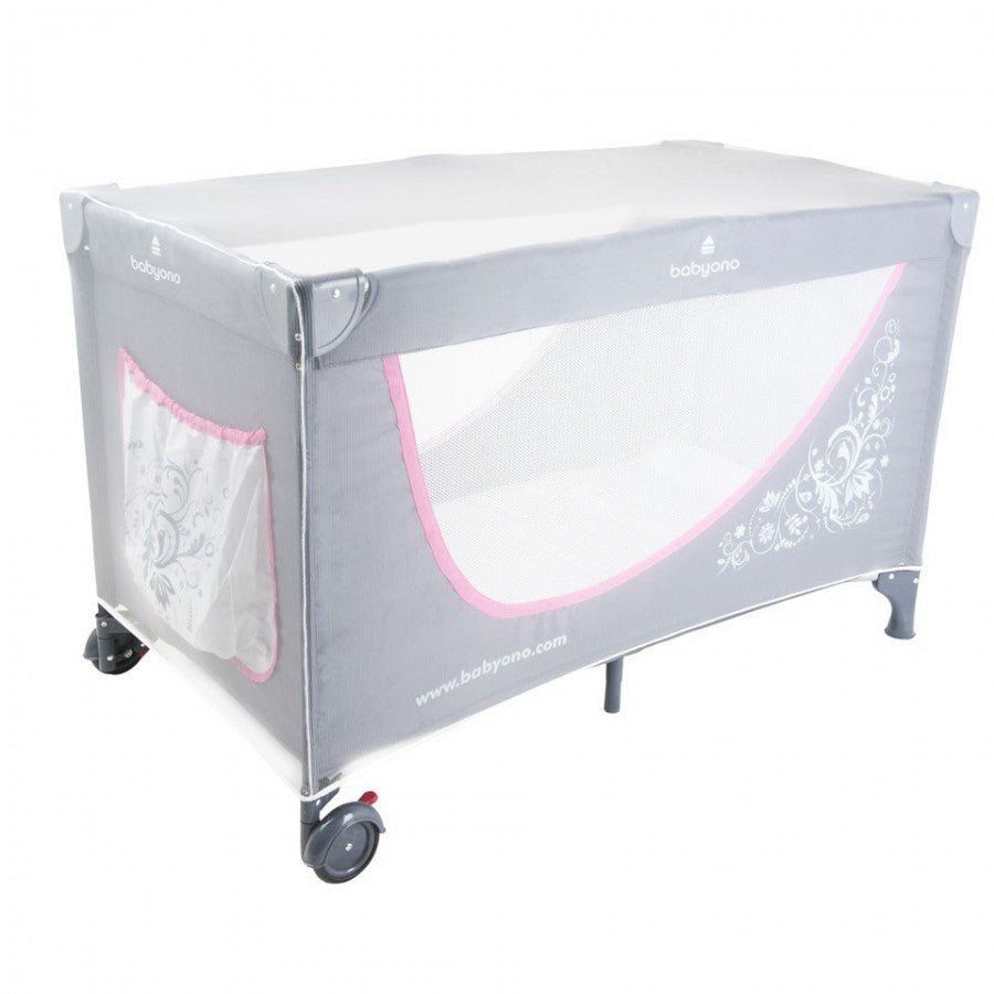 Universal mosquito net for crib, gray mesh with pink trim and side panels