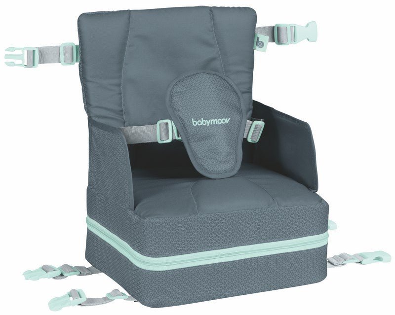 Grey booster seat with padded headrest insert and adjustable safety straps