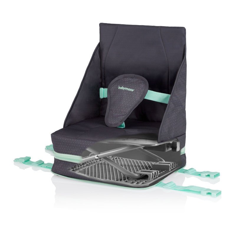 Grey booster seat with vented base and mint straps, front view with padded insert