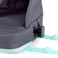 Grey booster seat side detail with black adjuster clip and mint webbing strap
