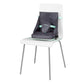 Grey booster seat on a dining chair with padded insert and mint safety straps