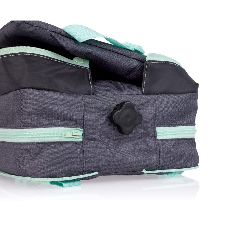 Grey booster seat base with mint trim, front cushion panel, and black attachment knob