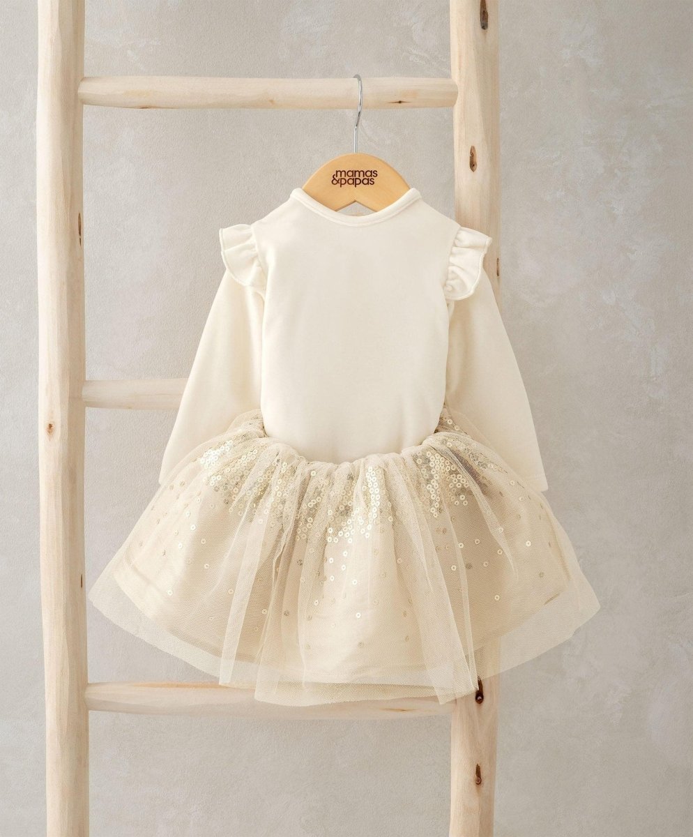 Velour bodysuit with tulle tutu skirt in white, short ruffle sleeves