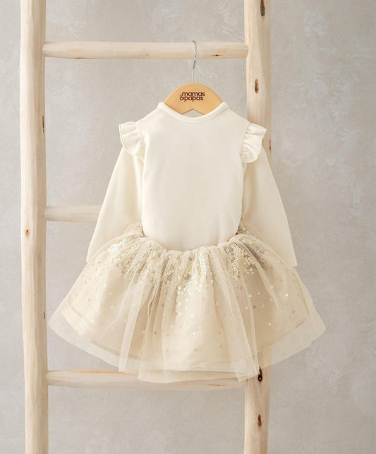 Velour bodysuit with tulle tutu skirt in white, short ruffle sleeves