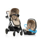 Stroller and infant car seat set, beige padded seats with black frames.