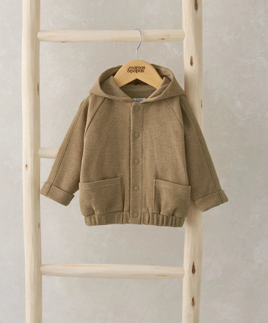 Waffle bomber hoodie in tan with hood, snap buttons, front pockets, ribbed cuffs