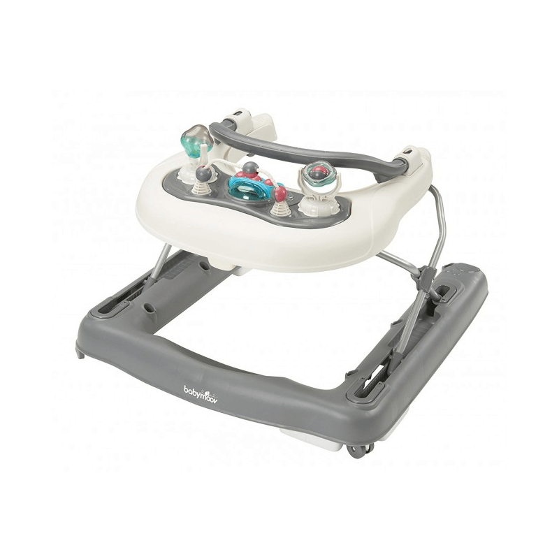 2-in-1 baby walker with beige seat and gray base, top toy controls